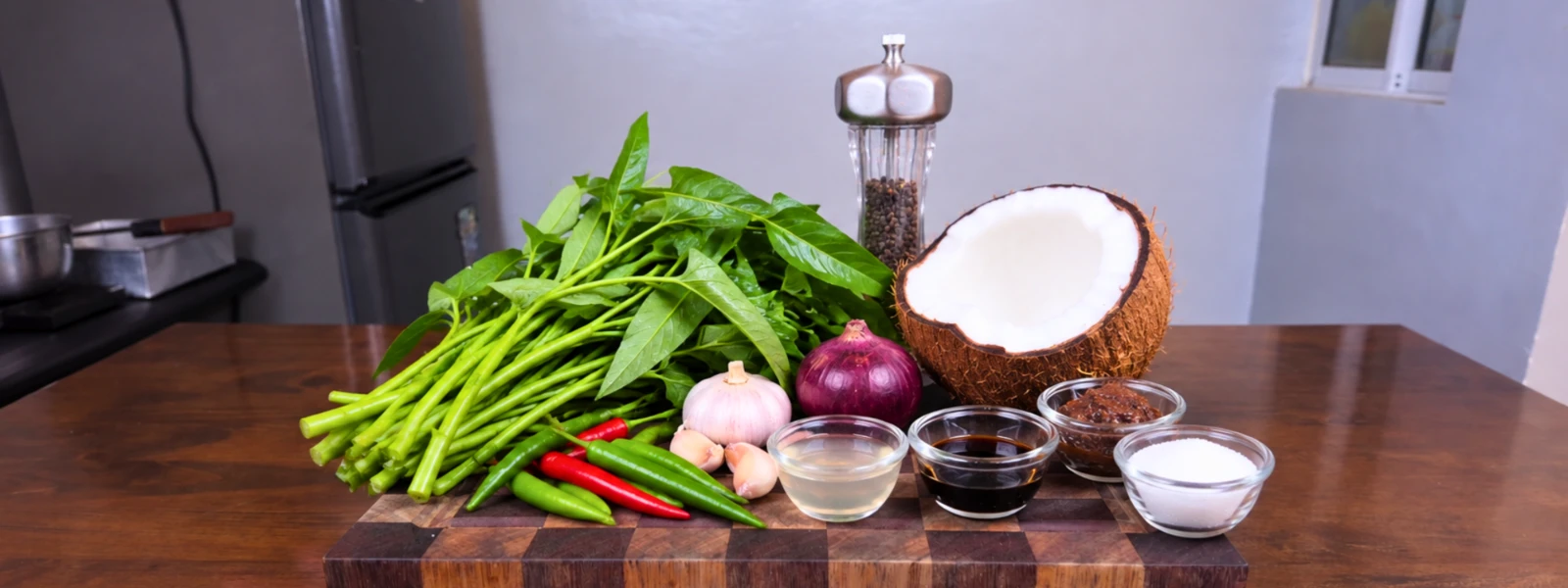 Ingredients for Adobong Kangkong with Latik